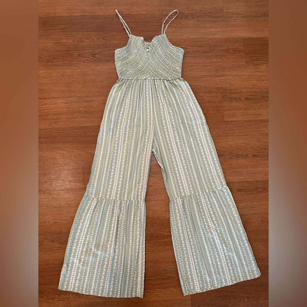 Sincerely Jules Smocked Sage Green Floral Ruffle Flare Leg Jumpsuit Medium